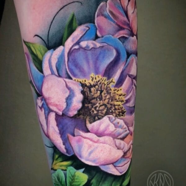 Soft Peony Tattoo with Greenery on Arm