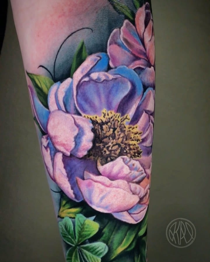 Soft Peony Tattoo with Greenery on Arm