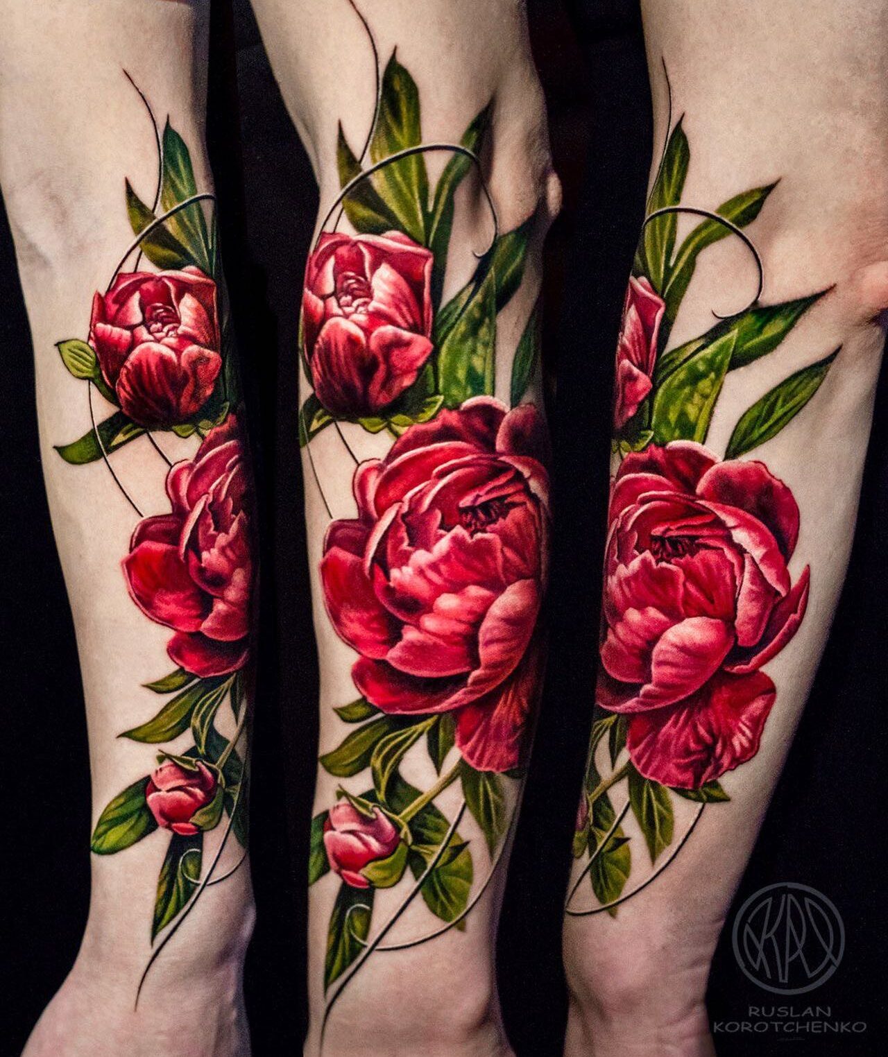 Vibrant Red Peony Tattoo on Forearm
