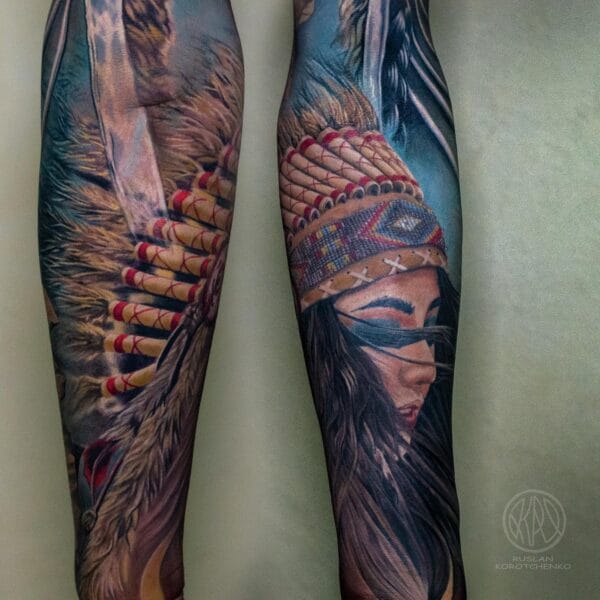 Native American Girl Portrait Tattoo on Forearm