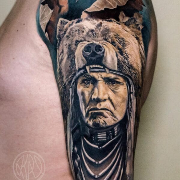 Native American Man Portrait Tattoo in Color Realism