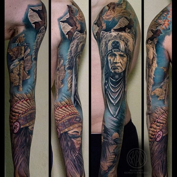 Realistic Native American Sleeve Tattoo