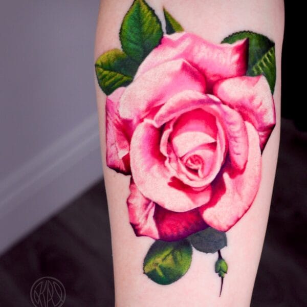 Elegant Pink Rose Tattoo on Forearm