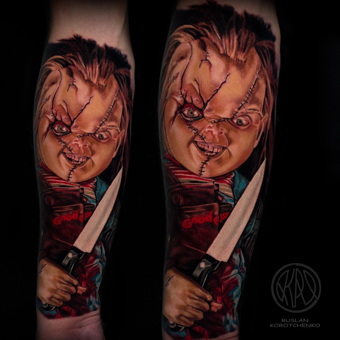 Realistic Chucky Tattoo on Forearm