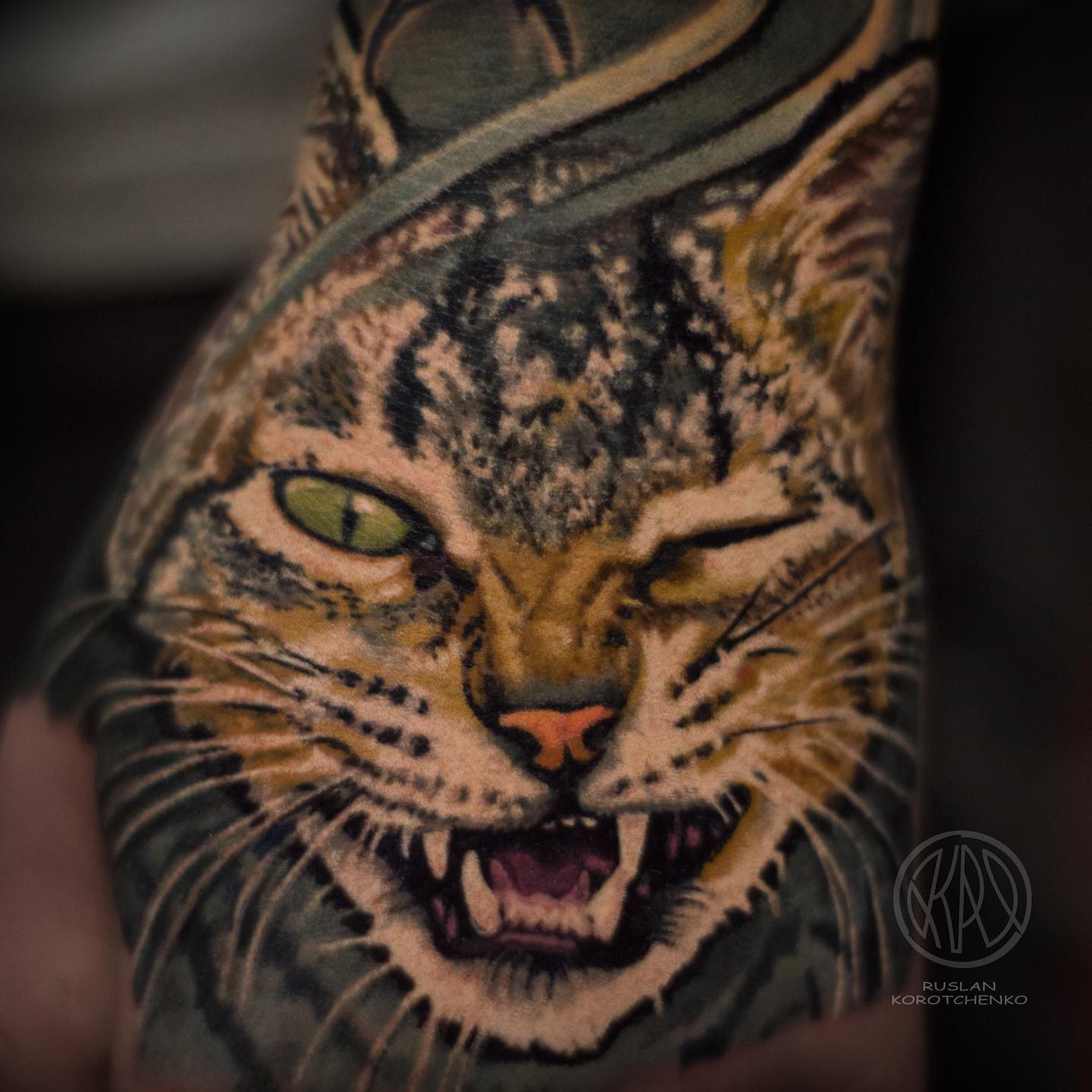 Color Cat Portrait Tattoo on Hand