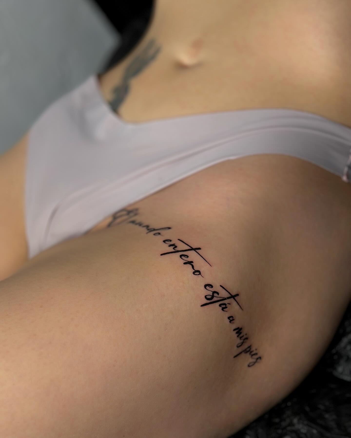 Meaningful Script Tattoo Design on Thigh - Best tattoo shop in Los Angeles  - Art Collector Tattoo Studio, image size:1440x1799