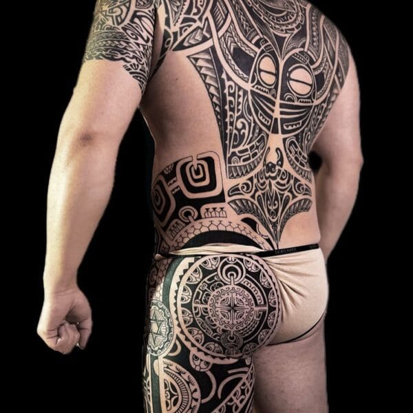 Full Back and Leg Tribal Tattoo