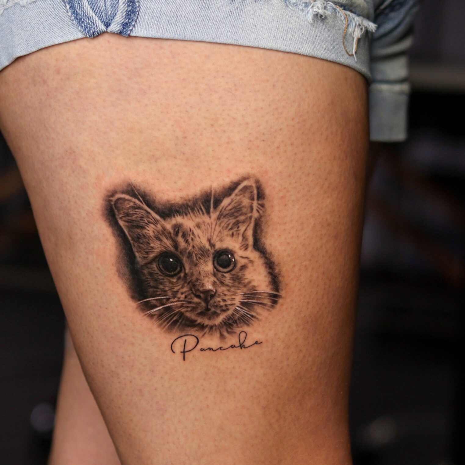 Realistic Cat Portrait Tattoo on Thigh