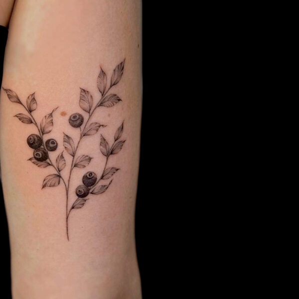 Delicate Blueberry Branch Tattoo on Arm in Soft Detail