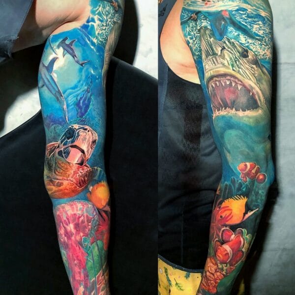 Shark Tattoo Sleeve with Megalodon and Marine Life