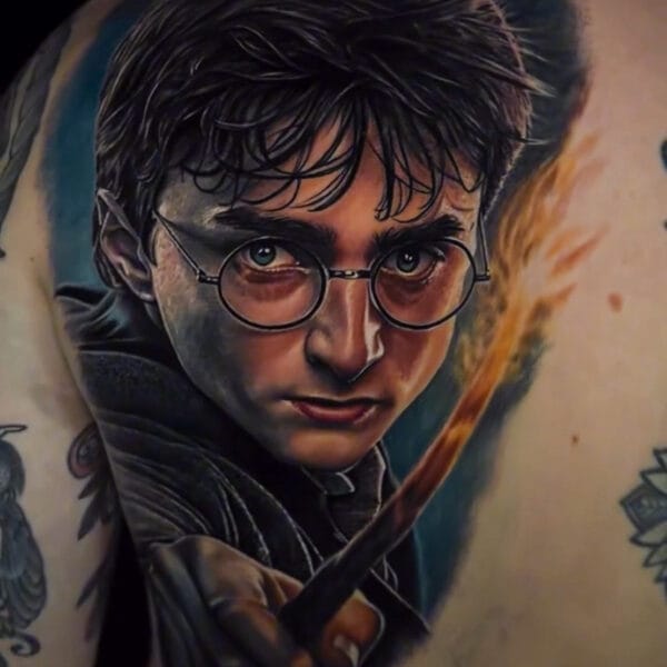 Realistic Harry Potter Tattoo on Back in Color