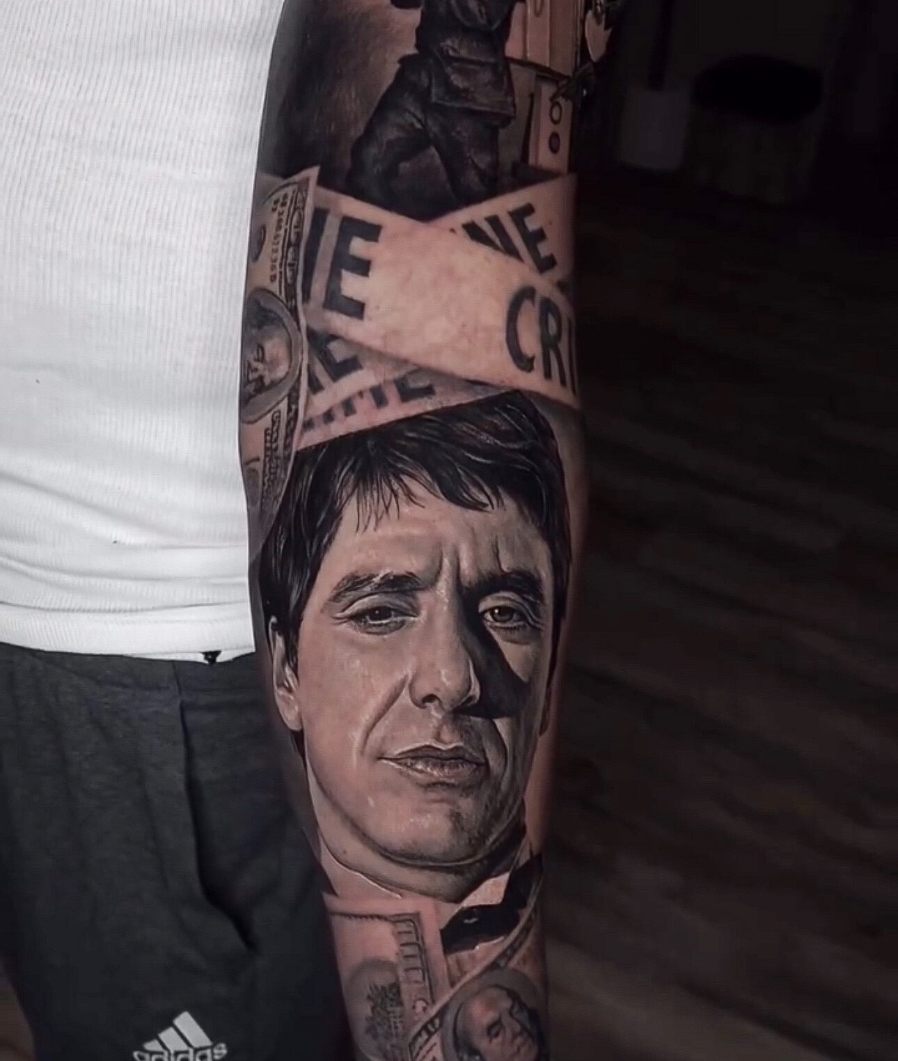 Tony Montana Tattoo Sleeve in Black and Gray Realism