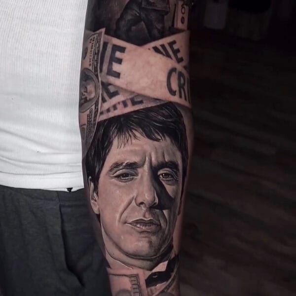 Tony Montana Tattoo Sleeve in Black and Gray Realism