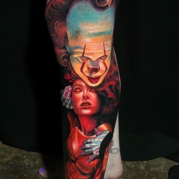 Realistic Pennywise Tattoo on Lower Leg