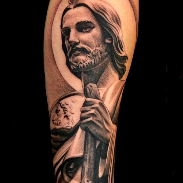 Saint Jude Tattoo on Forearm in Dot Shading Style