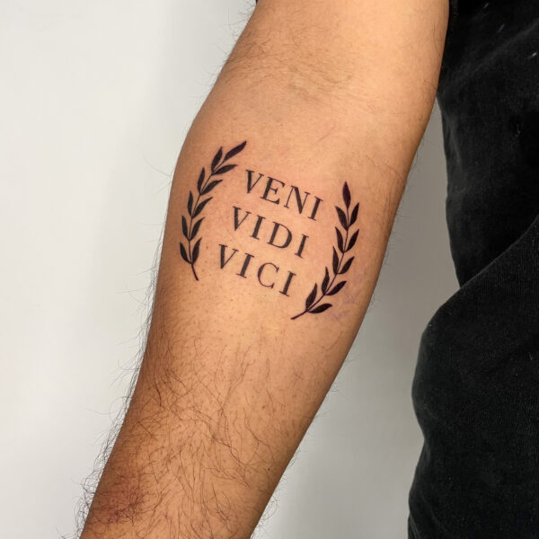 Veni Vidi Vici Forearm Tattoo with Leaves