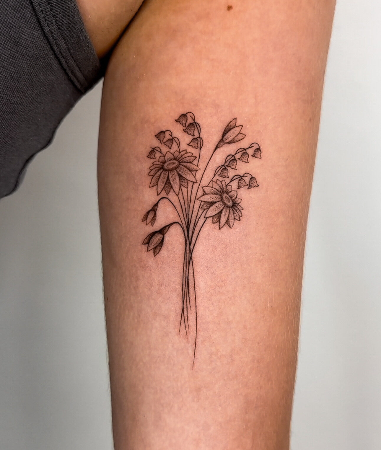 Fine Line Flower Bouquet Tattoo on Arm