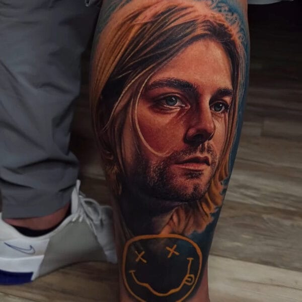 Realistic Kurt Cobain Tattoo on Lower Leg