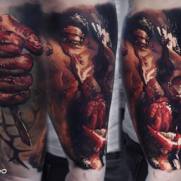 Realistic Bloody Portrait Tattoo on Forearm
