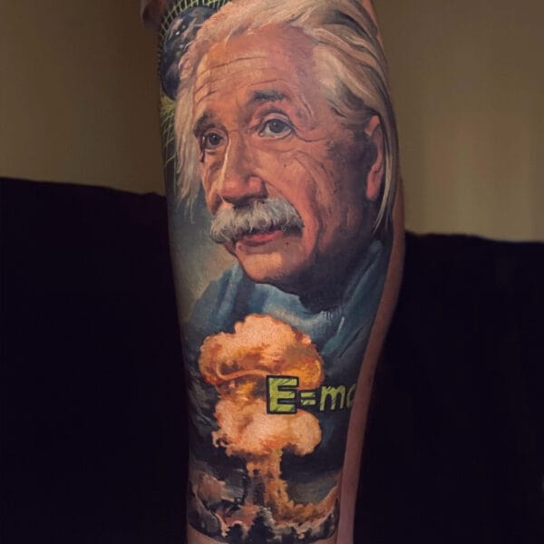 Realistic Albert Einstein Tattoo on Lower Leg