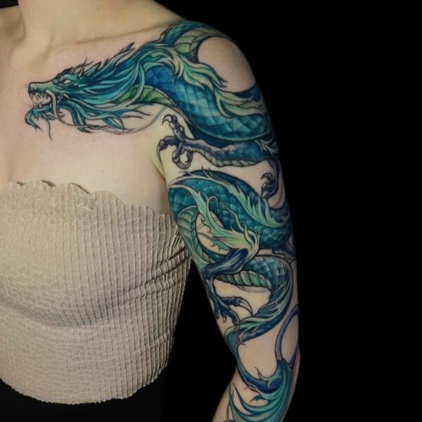 Emerald Green Dragon Tattoo Wrapping the Whole Arm