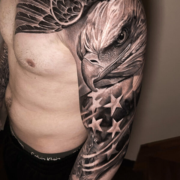 Black and White Patriotic Sleeve Tattoo