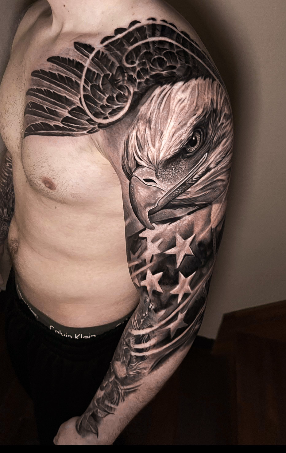 Black and White Patriotic Sleeve Tattoo