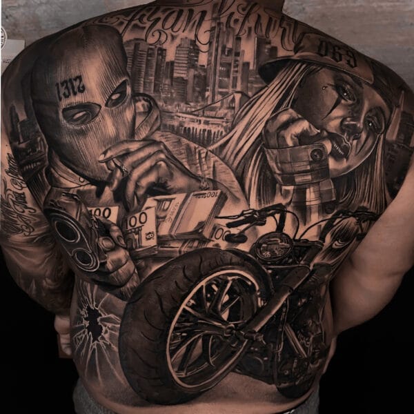 Full Back Tattoo in Chicano Style