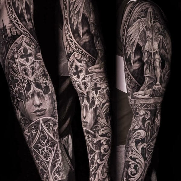 Gothic Architecture Sleeve Tattoo in Black and Gray