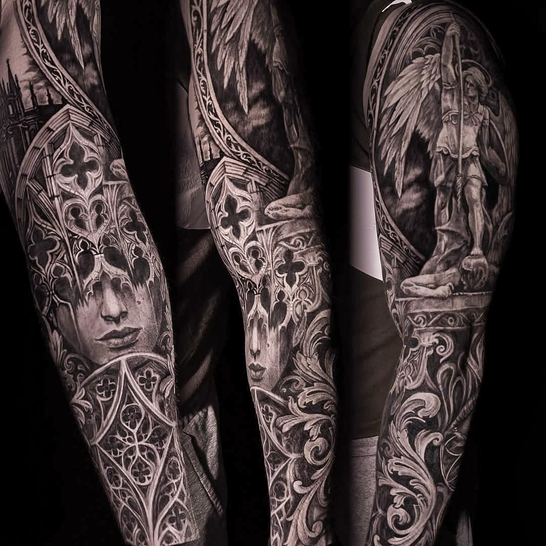Gothic Architecture Sleeve Tattoo In Black And Gray Best Tattoo Shop Gothic Architecture Sleeve Tattoo In Black And Gray Best Tattoo Shop