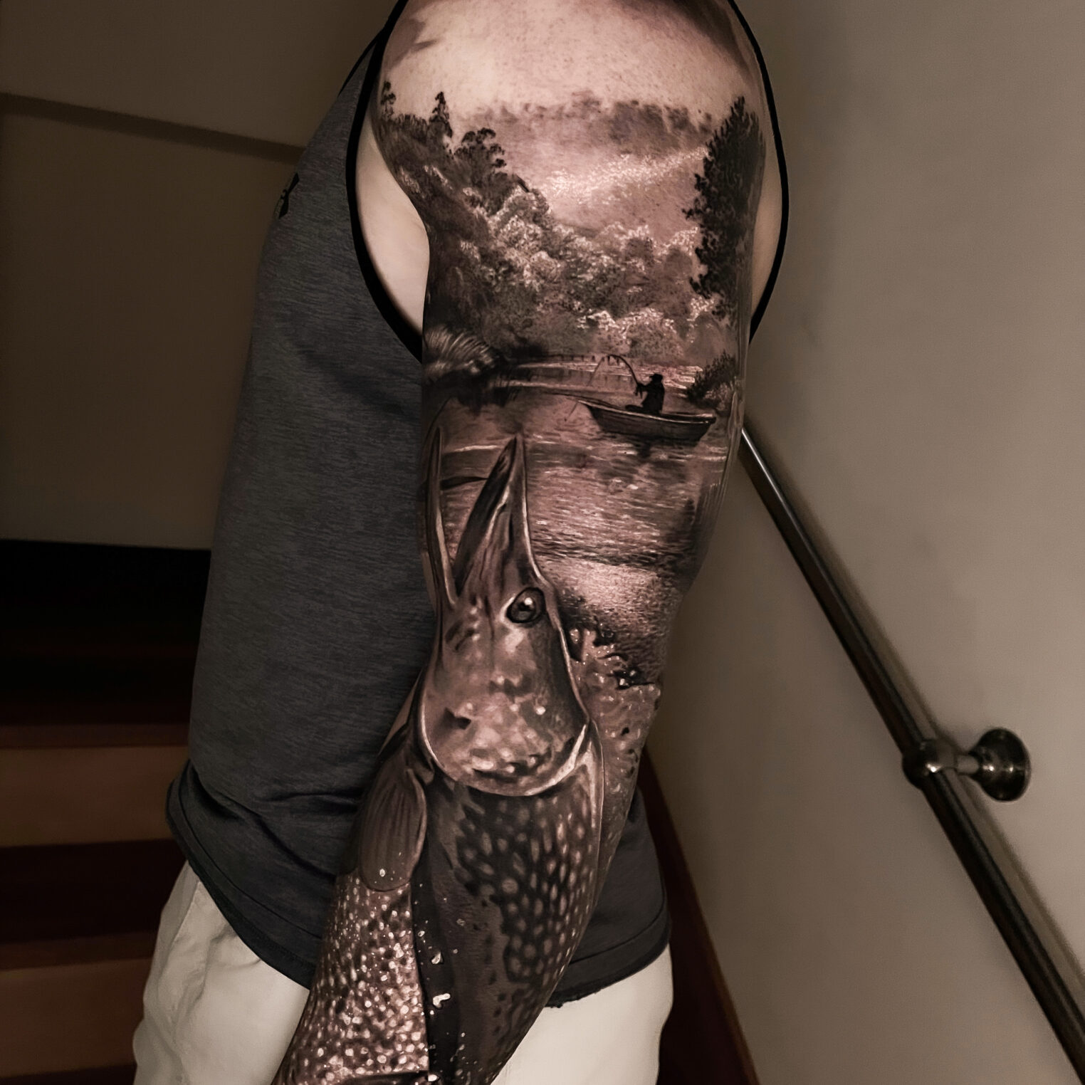Fishing Tattoo Sleeve in Black and Gray