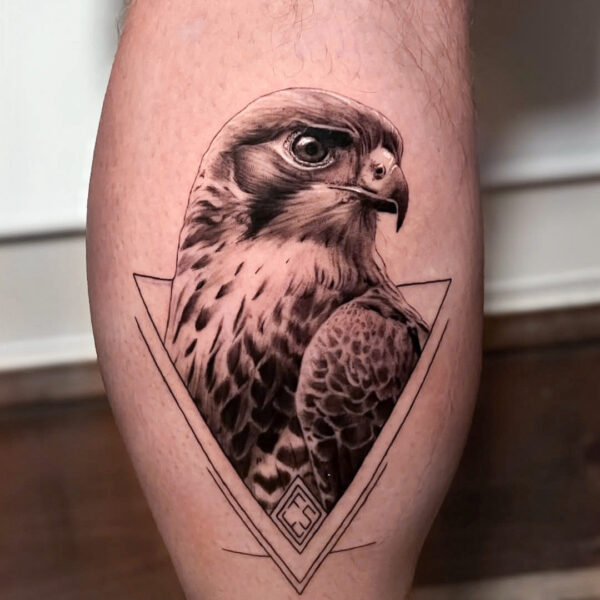 Falcon Tattoo with Triangle on Calf