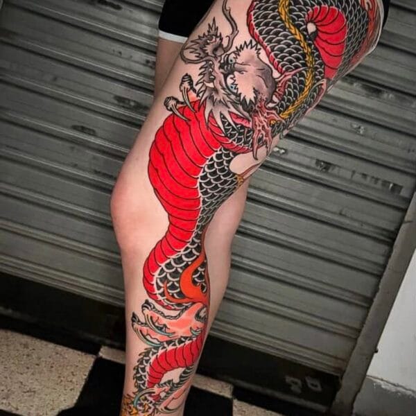 Red Japanese Dragon Tattoo on Side of Leg