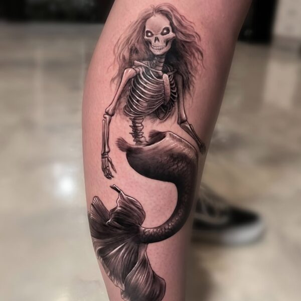 Spooky Black and Gray Mermaid Tattoo on Lower Leg