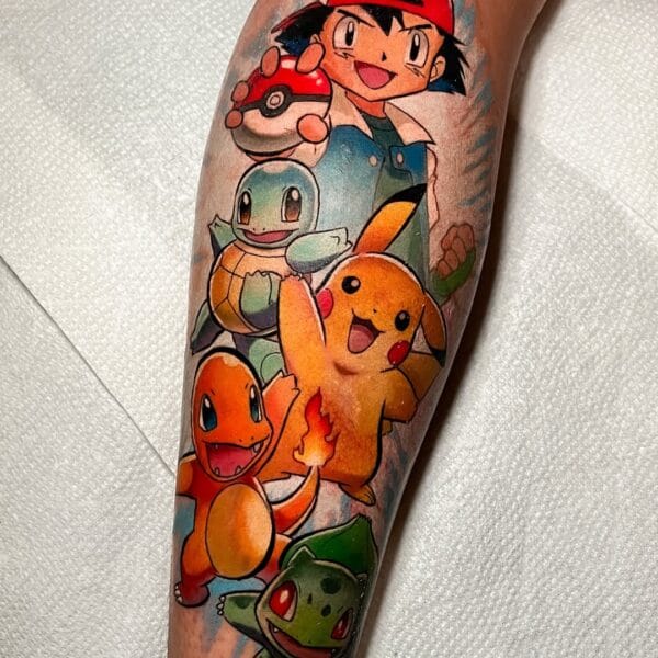 Bright Ash and Pokémon Team Tattoo on Forearm