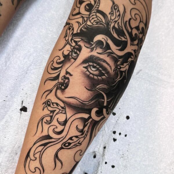 Medusa Lower Leg Tattoo in Psychotrad Style