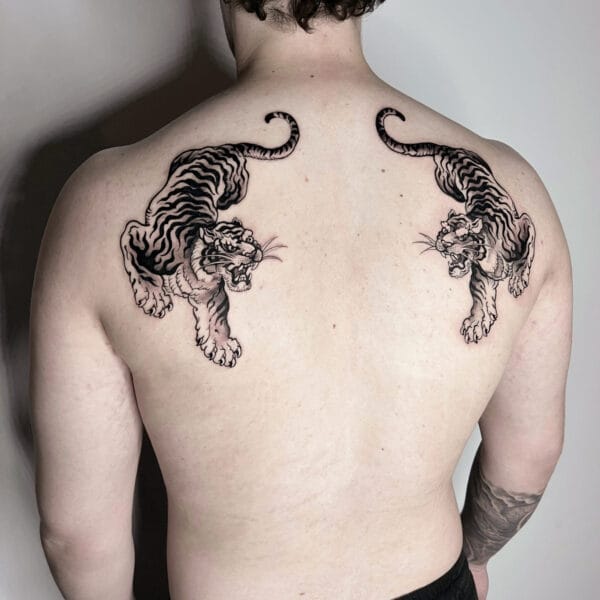 Symmetrical Japanese Tiger Tattoos on Back