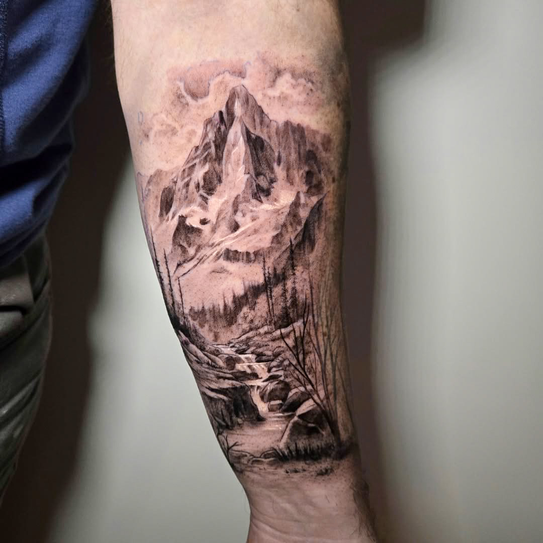 Nature Landscape Forearm Tattoo in Black and Gray