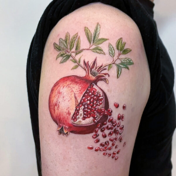 Realistic Pomegranate Tattoo on Shoulder