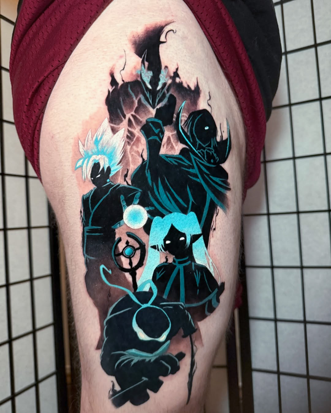 Anime Character Mashup Tattoo on Thigh