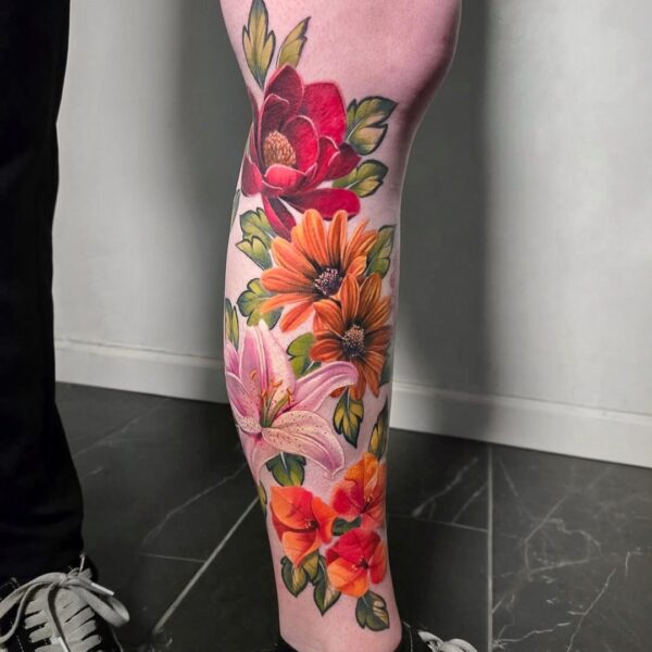 Lower Leg Tattoo with Flowers