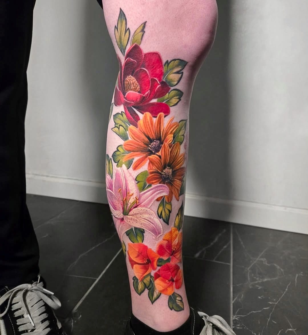 Lower Leg Tattoo with Flowers