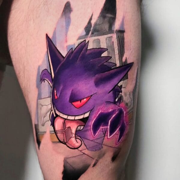 Bright Gengar Pokémon Tattoo on Thigh