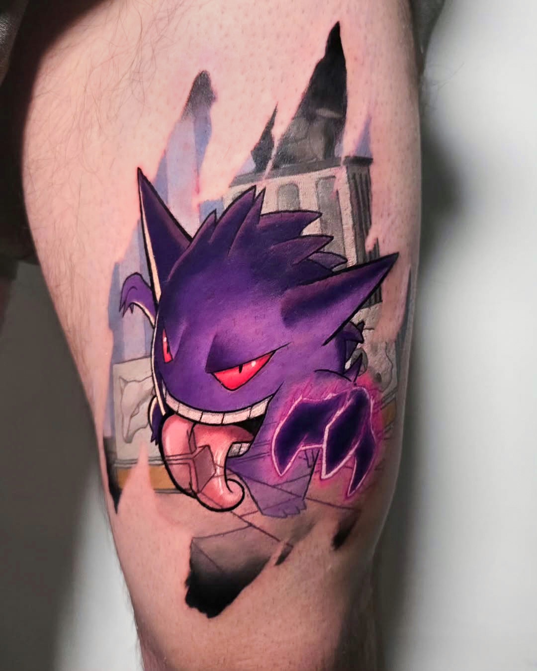 Bright Gengar Pokémon Tattoo on Thigh