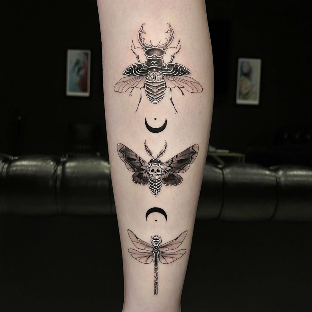 Insect Tattoo in Black and Gray on Forearm