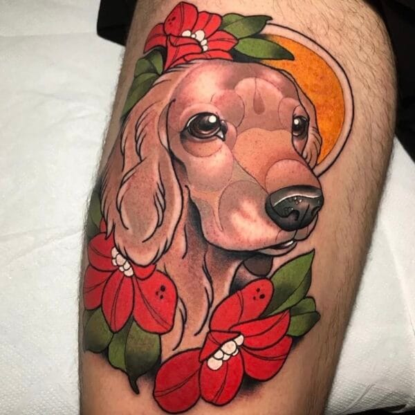 Neo-Traditional Dog Portrait Tattoo with Flowers and Sun