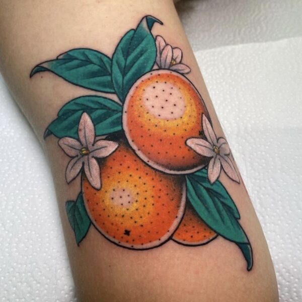 Traditional Style Orange Fruits Tattoo on Lower Leg
