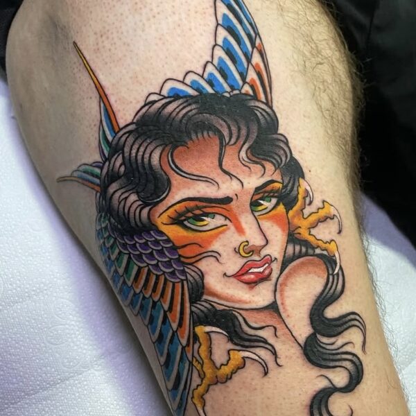 Colorful Traditional Lady and Eagle Tattoo on Thigh