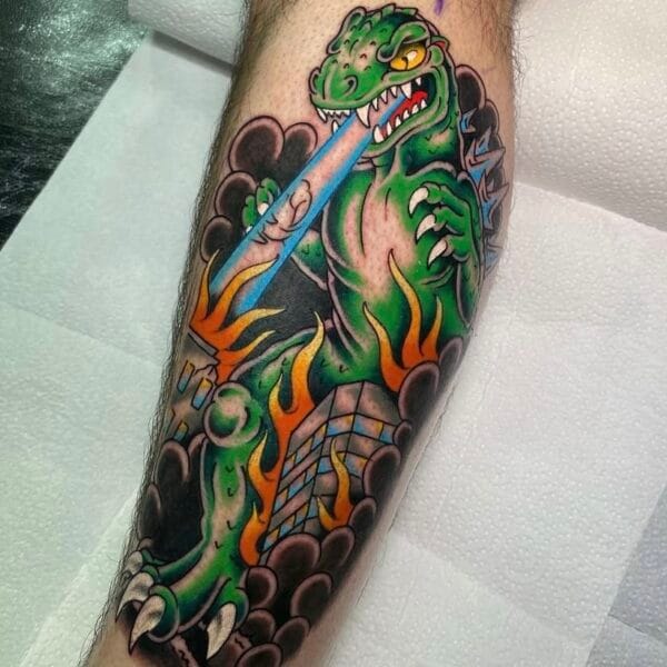Traditional Style Godzilla Tattoo on Lower Leg