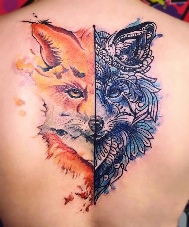 Back Tattoo of Fox Portrait with Colors and Ornament Blend